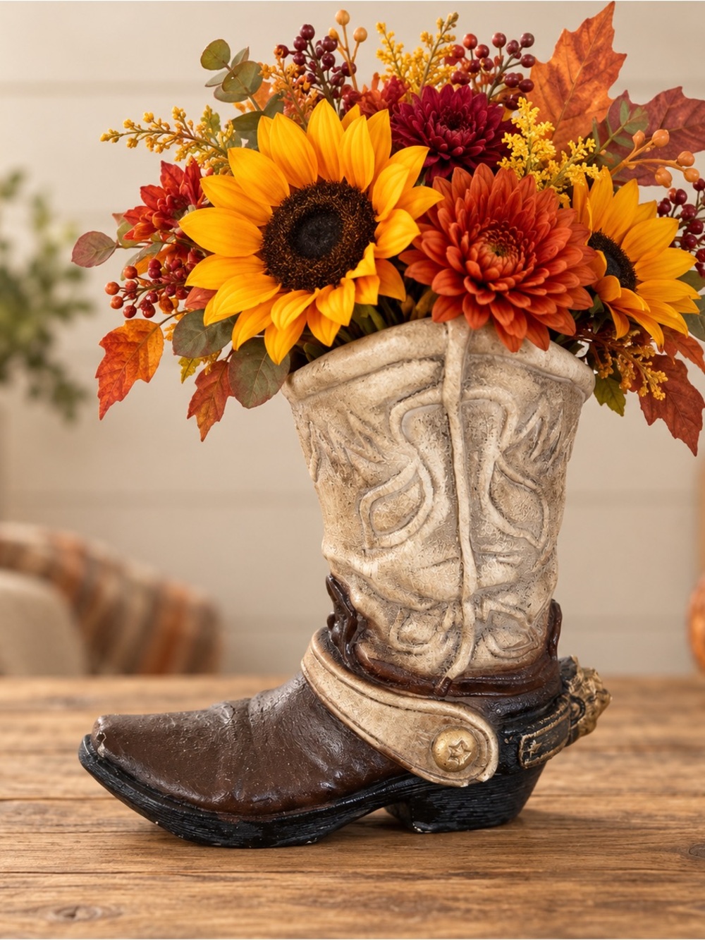 Cowboy Boot Sculpture Vase in Cream and Brown - Decorative Home Accent